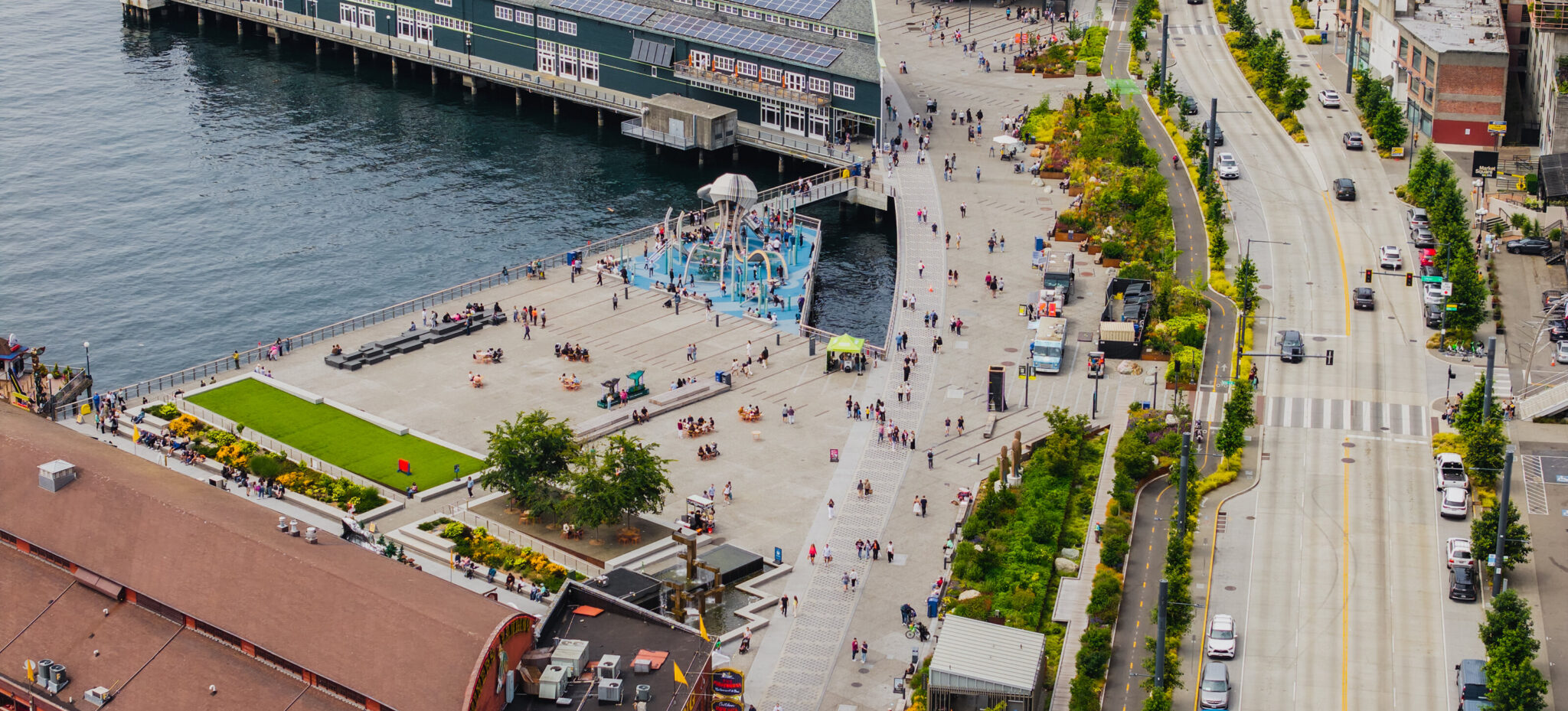 Aerial view of the Seattle waterfront: the piers, the promenade park and Alaskan Way